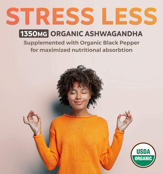 USDA Organic Ashwagandha (120 Vegetarian Tablets) 1350mg Ashwaganda Root Powder Per Serve with Black Pepper - Natural Adrenal Support, Cortisol & Thyroid Support, Immune Support (No Pills or Capsules)