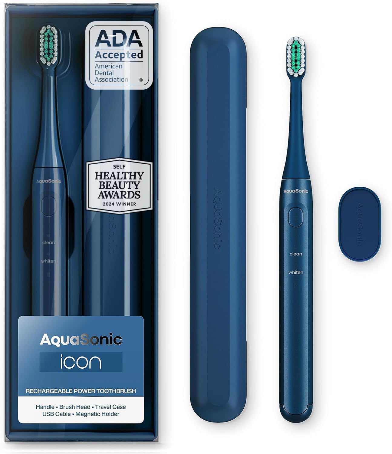 Aquasonic Icon Ada-Accepted Rechargeable Toothbrush | Magnetic Holder & Slim Travel Case | 2 Brushing Modes & Smart Timers | Gentle Micro-Vibrations (Navy)