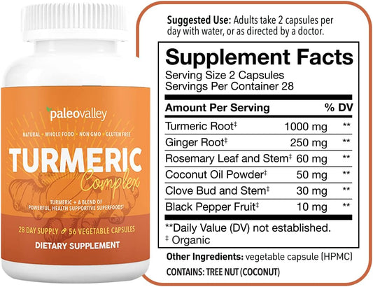 Paleovalley - Organic Turmeric Complex - Full Spectrum Organic Turmeric with Health-Supportive Superfoods - 56 Vegetarian Capsules - Support Joints, Immunity, Brain and Heart Health