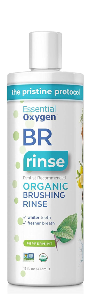 Essential Oxygen Certified BR Organic Brushing Rinse, All Natural Mouthwash for Whiter Teeth, Fresher Breath, and Happier Gums, Alcohol-Free Oral Care, Peppermint, 16 Ounce, Package may vary