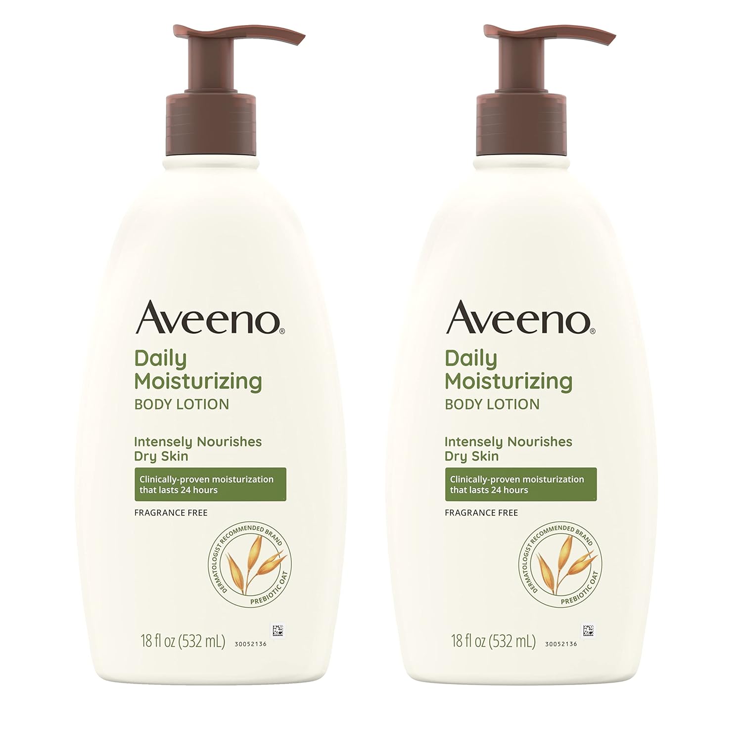 Aveeno Daily Moisturizing Body Lotion With Soothing Prebiotic Oat, Gentle Lotion Nourishes Dry Skin With Moisture, Paraben-, Dye- & Fragrance-Free, Non-Greasy & Non-Comedogenic, 2 X 18 Oz