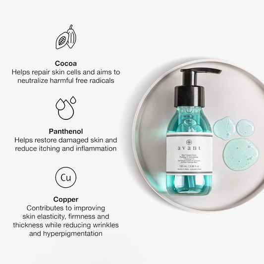 Avant Blue Volcanic Stone Purifying & Antioxidising Cleansing Gel, 100Ml - Cleansing Face Wash With Panthenol, Vegan Cleanser For All Skin Types