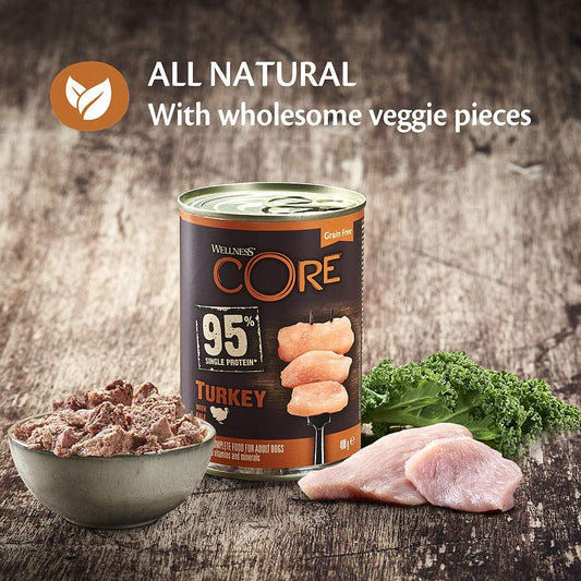 Wellness CORE 95 percent Turkey and Kale, Wet Dog Food, Grain Free Wet Dog Food, High Meat Content, Turkey and Kale, 6 x 400 g?10854