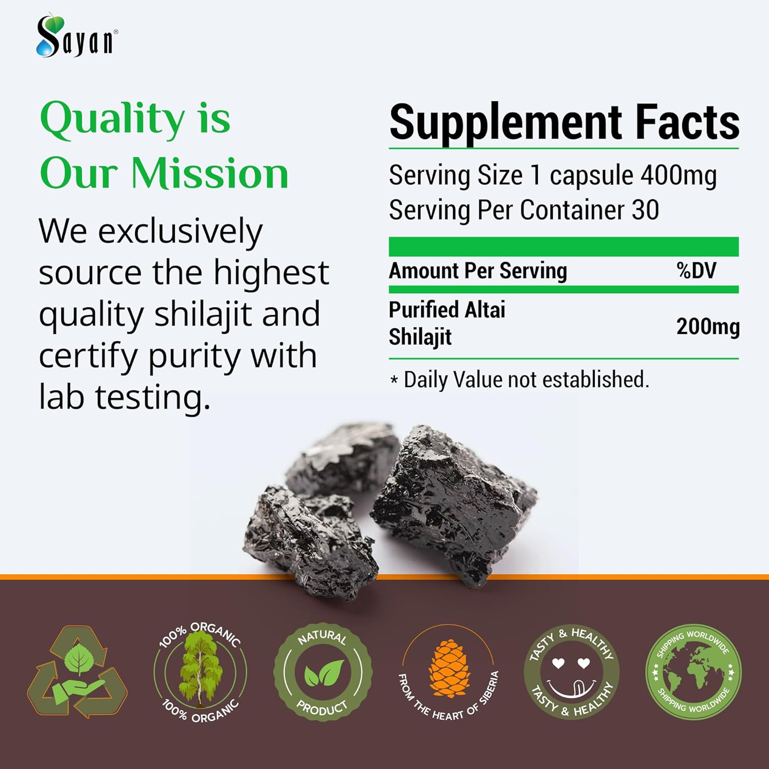 Sayan 100% Pure Shilajit Tablets,12,000Mg High-Potency Supplement, More Effective Than Resin & Capsules, 85+ Trace Minerals Sourced From 10,000Ft Lab-Tested For Purity. 60 Tablets - 1-2 Month Supply