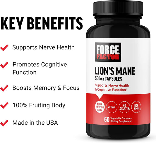 Force Factor Lion’s Mane Supplement Capsules, Memory & Focus Supplement, Supports Nerve Health & Cognitive Function, Made with 100% Fruiting Body, Vegan, No Gelatin, Non-GMO, 60 Vegetable Capsules