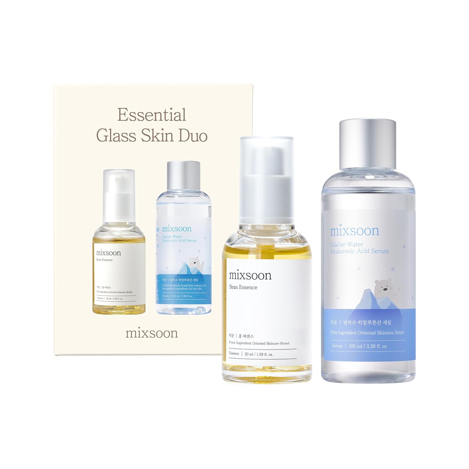 Mixsoon Essential Glass Skin Duo Set Moisturizer Korean Skin Care(Bean Essence + Glacier Water Hyaluronic Acid Serum)