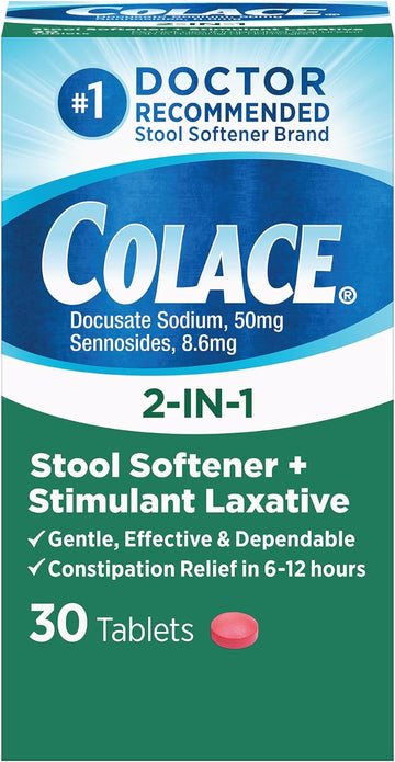 Colace 2-In-1 Stool Softener & Stimulant Laxative Tablets, Gentle Constipation Relief In 6-12 Hours, 30 Count
