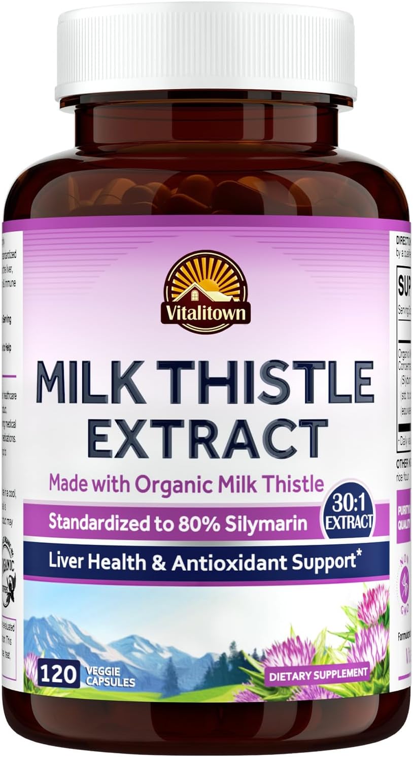 Vitalitown Organic Milk Thistle 600 Mg Seed Extract, 30:1 High Concentration, Equivalent To 18,000 Mg Silymarin Marianum, Liver Support, Detox & Cleanse, 120 Vegan Caps