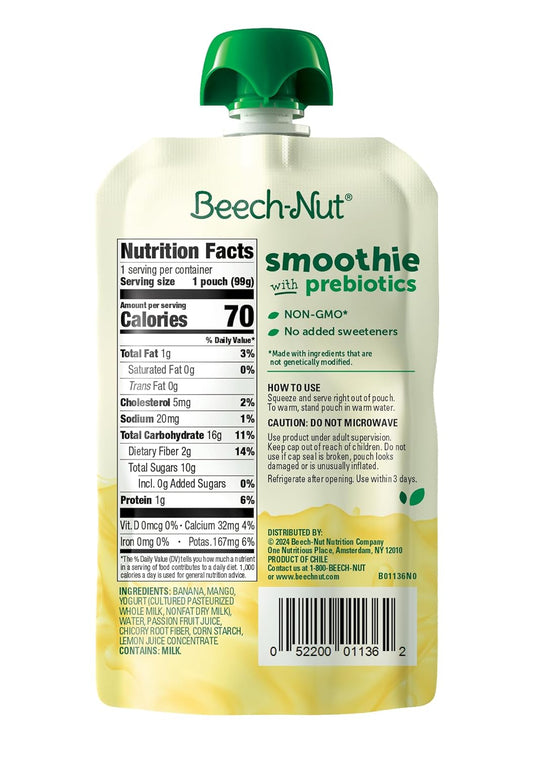 Beech-Nut Toddler Smoothies With Prebiotics, Banana Mango Passion Fruit & Yogurt Baby & Toddler Food Pouches, 3.5 Oz (12 Pack)