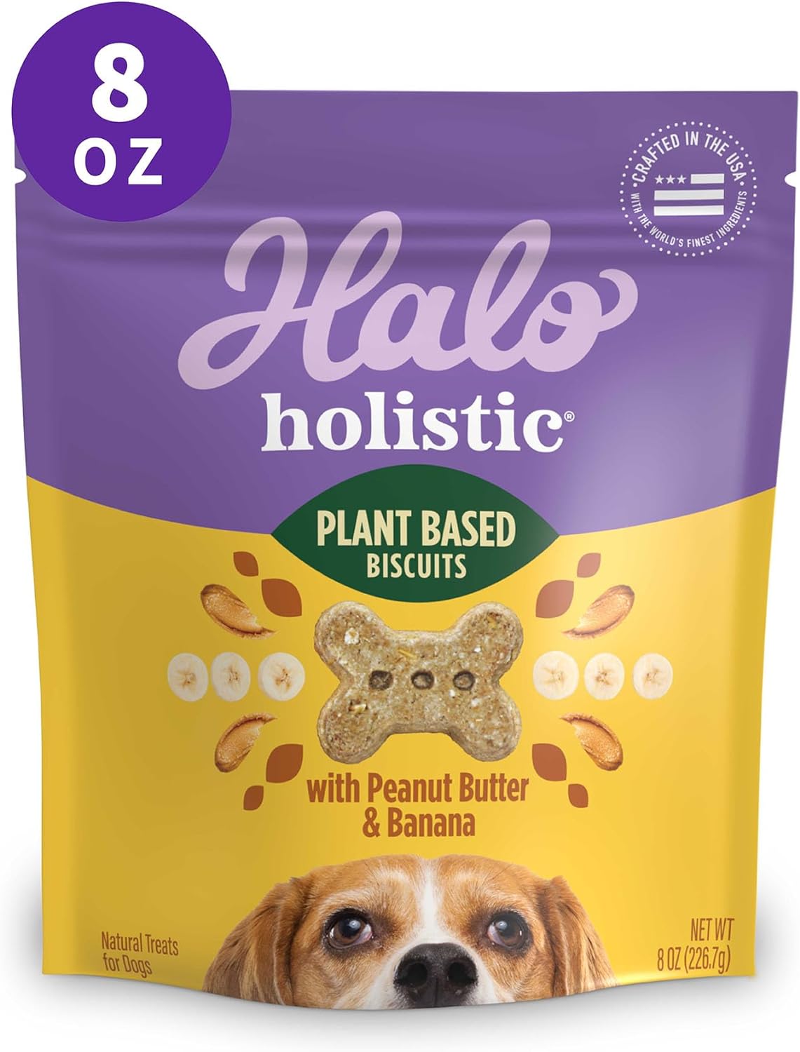 Halo Plant-Based Dog Treats with Peanut Butter and Banana, Vegan Dog Treat Pouch, 8oz bag