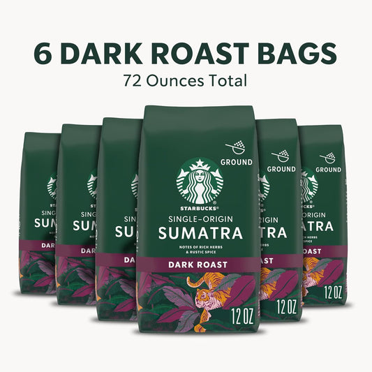 Starbucks Ground Coffee—Dark Roast Coffee—Sumatra—100% Arabica—6 bags (12 oz each)