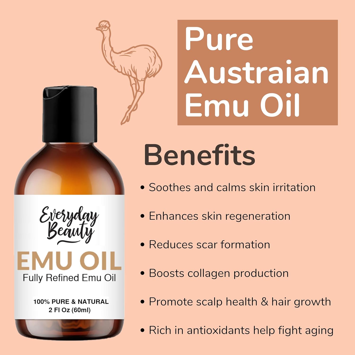 Pure Australian Emu Oil - All Natural 6X Refined For Face, Skin And Hair - Highly Effective Hydration For Sensitive Skin And Hair Growth - Perfect For Scars And Blemishes - 2 Fl Oz : Beauty & Personal Care