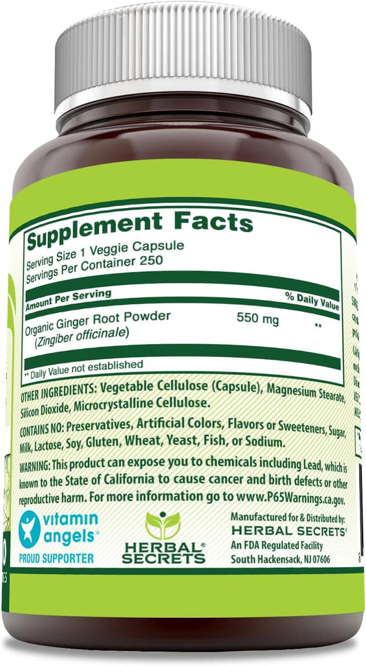 Herbal Secrets Ginger Root 550 Mg Per Serving, 250 Veggie Capsules Supplement | Non-Gmo | Gluten Free | Made In Usa