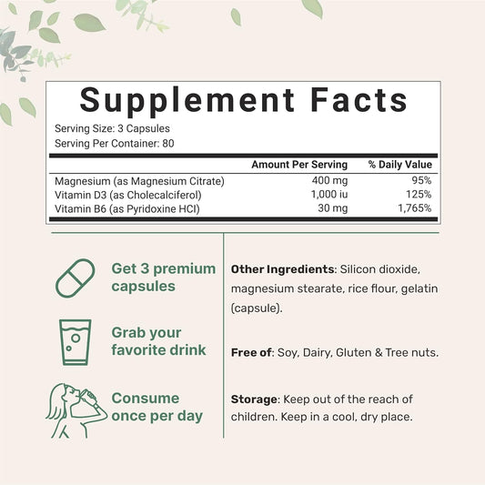 Magnesium Citrate 400Mg With Vitamin D3 1000Iu & B6, 240 Capsules | Elemental Mineral & Vitamins Complex | Combats Constipation, Supports Muscle, Heart, & Bone Health – Non-Gmo