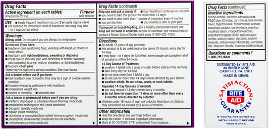 Rite Aid Acid Reducer Omeprazole Delayed Release Tablets - 20 Mg, 3 Bottles, 14 Count Each (42 Count Total), Wildberry Mint Flavor, Heartburn Relief, Heartburn Medicine, Treats Frequent Heartburn