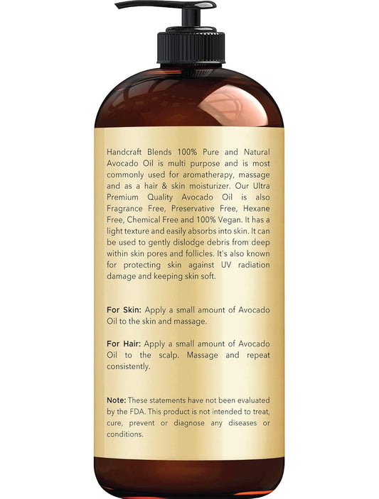 Handcraft Blends Avocado Oil - 16 Fl Oz - 100% Pure And Natural - Premium Grade Oil For Skin And Hair - Carrier Oil - Hair And Body Oil - Massage Oil - Cold-Pressed And Hexane-Free