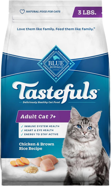 Blue Buffalo Tastefuls Mature Dry Cat Food For Adult Cats 7+, Made In The Usa With Natural Ingredients, Chicken & Brown Rice Recipe, 3-Lb. Bag