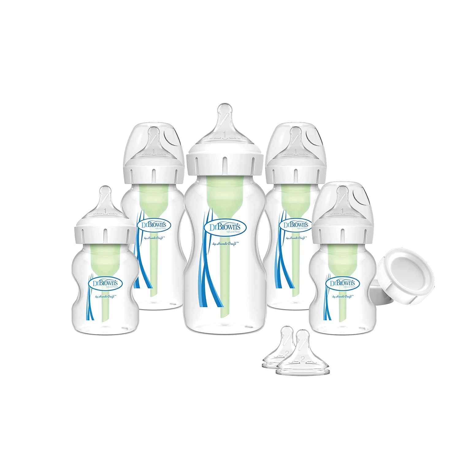 Dr. Brown'S Natural Flow Anti-Colic Options+ Wide-Neck Baby Bottle Newborn Feeding Set With Baby Bottle Travel Caps