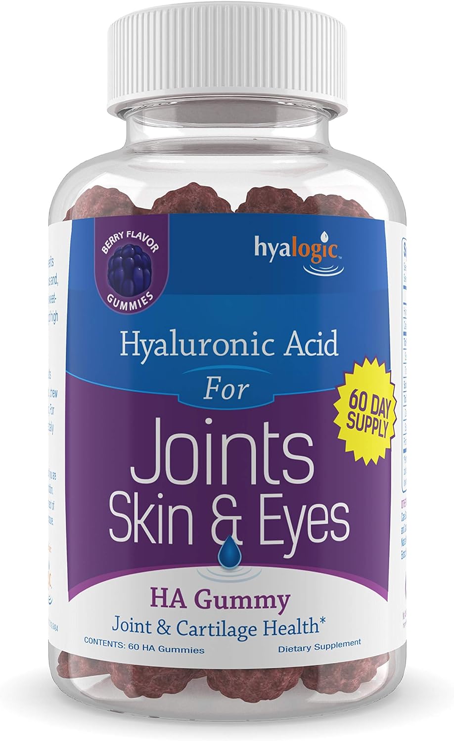 Hyalogic Chewy HA Gummies Mixed Berry Flavor Hyaluronic Acid Gummies ? Gluten-Free Gummy Vitamins for Adults - HA Supplement for Joints, Skin & Eyes ?60 Count (120 mg)