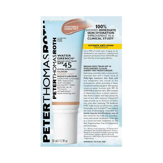 Peter Thomas Roth | Water Drench Hyaluronic Cloud Sheer Tint Moisturizer Broad Spectrum Spf 45, Hydrating Tinted Spf Moisturizer, Adaptable Sheer Tint, For All Skin Tones And Types