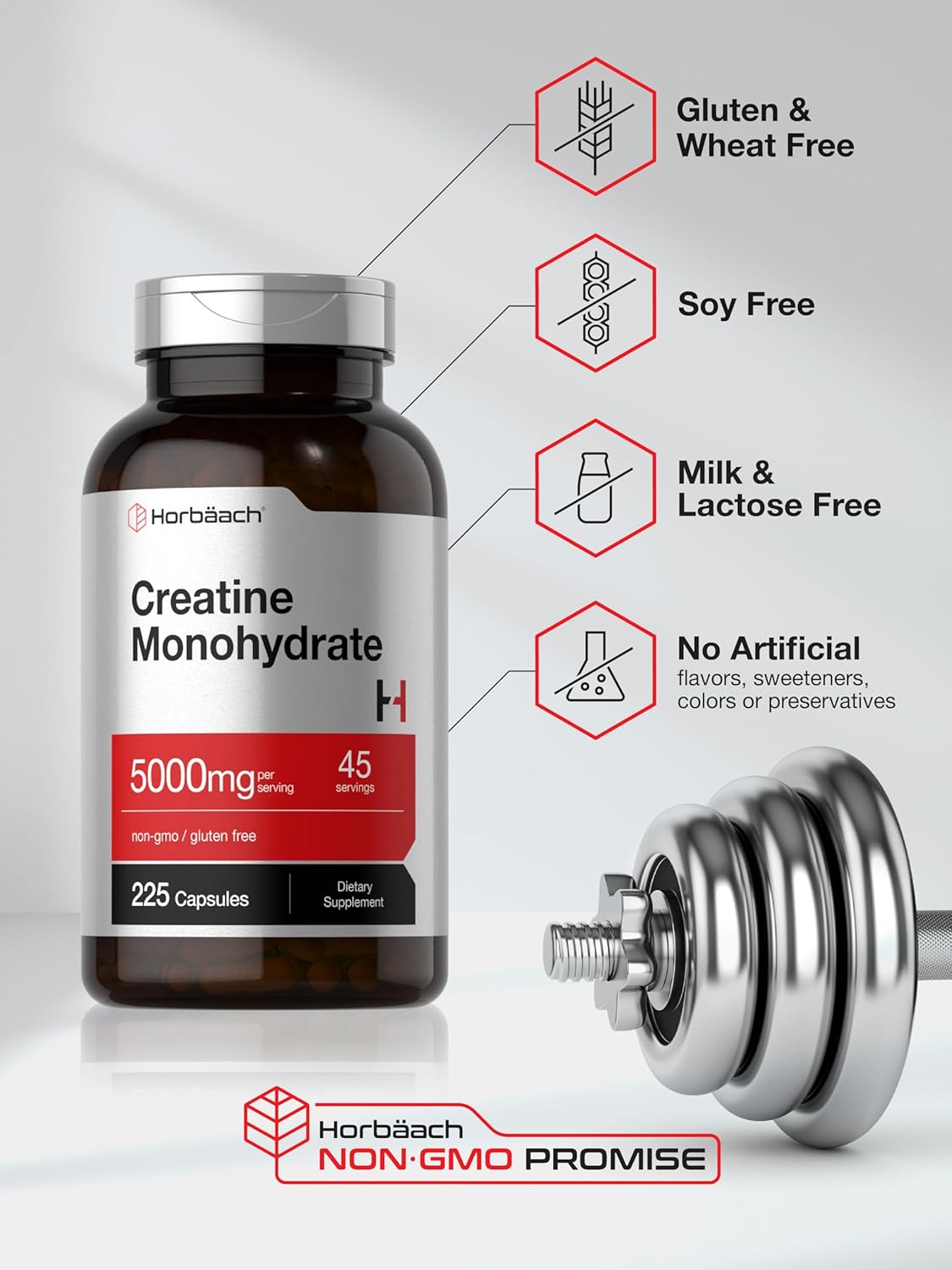 Horbäach Creatine Monohydrate | 5g | 225 Capsules | Non-GMO, Gluten Free Supplement : Health & Household