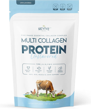 Multi Collagen Hydrolyzed Protein Powder (16oz) - Types I, II, III, V & X - Grass Fed Bovine (Peptan?), Wild Caught Marine, Free Roaming Chicken & Eggshell Collagen Peptides, Non-GMO, GF