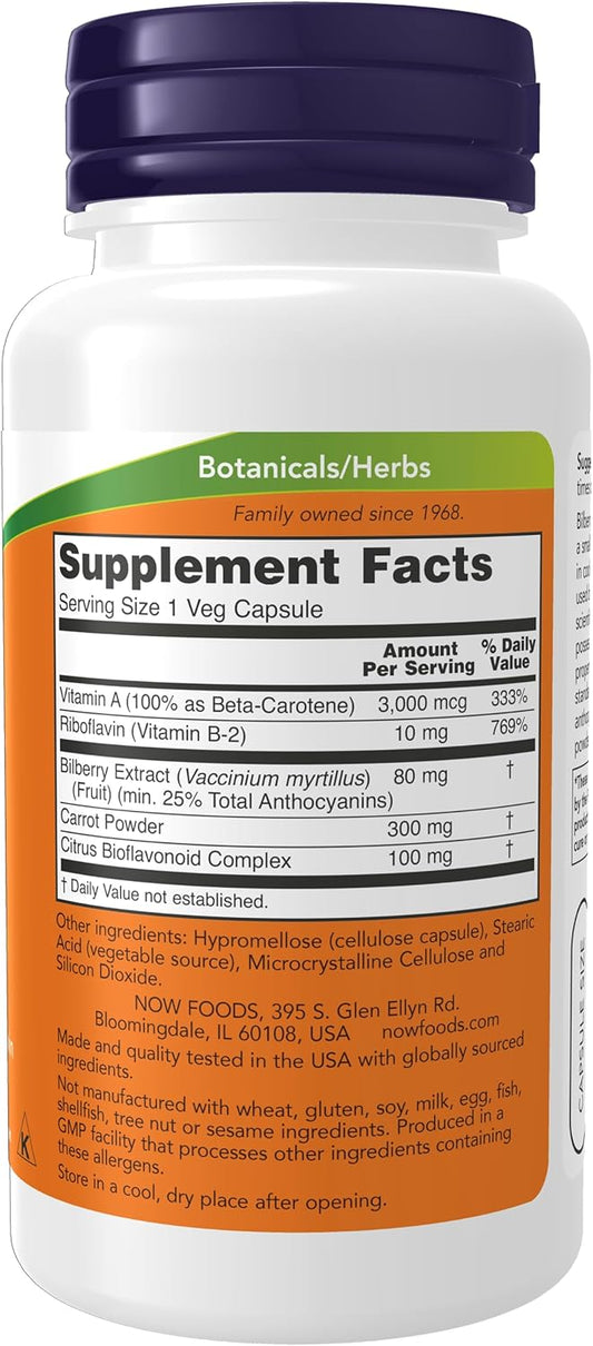 Now Foods Supplements, Bilberry (Vaccinium Myrtillus)Complex 80 Mg With Beta-Carotene & Riboflavin, 100 Veg Capsules