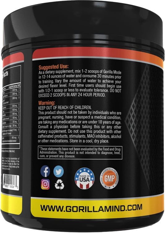 Gorilla Mode Pre Workout - Massive Pumps ú Laser Focus ú Energy ú Power - L-Citrulline, Creatine, L-Tyrosine, Betaine, Hydroprime?, Alpha-GPC, 400mg Caffeine, Huperzine A - 796g (Orange Rush)