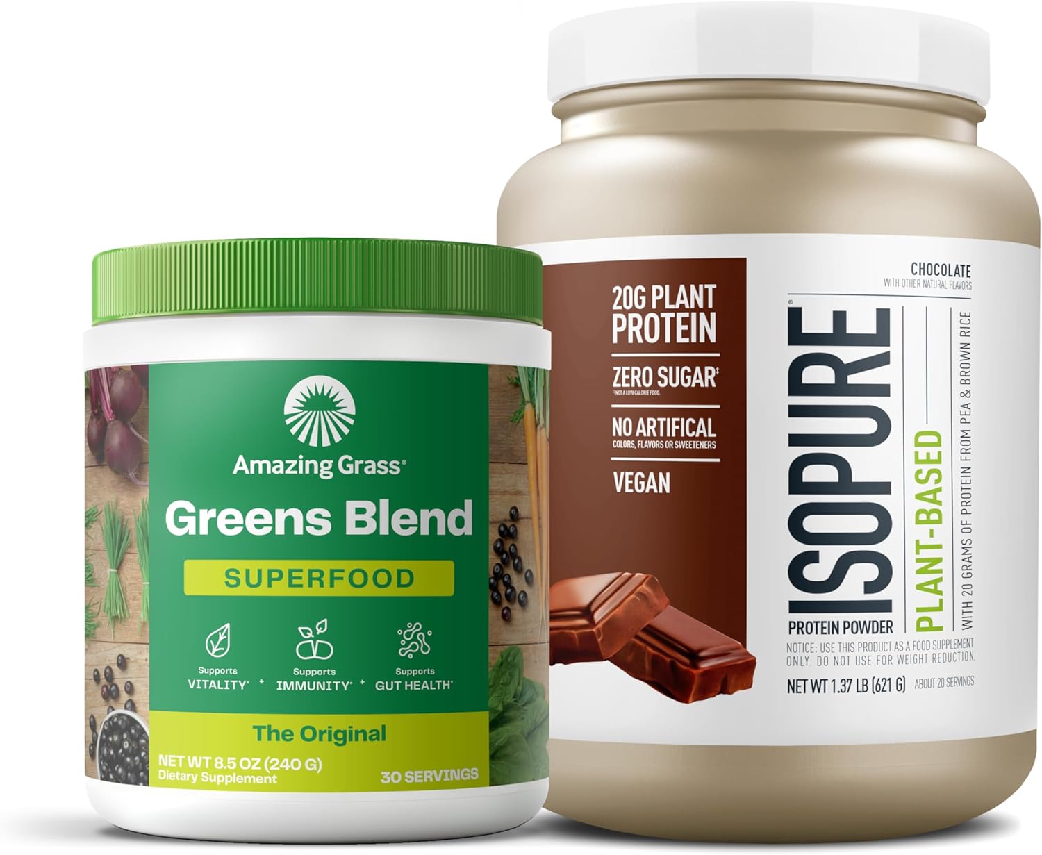 Bundle Of Amazing Grass Greens Superfood Powder: Original, 30 Servings + Isopure Chocolate Vegan Protein Powder, Plant Based, Organic Pea Protein, Dairy Free, 20 Servings (Packaging May Vary)