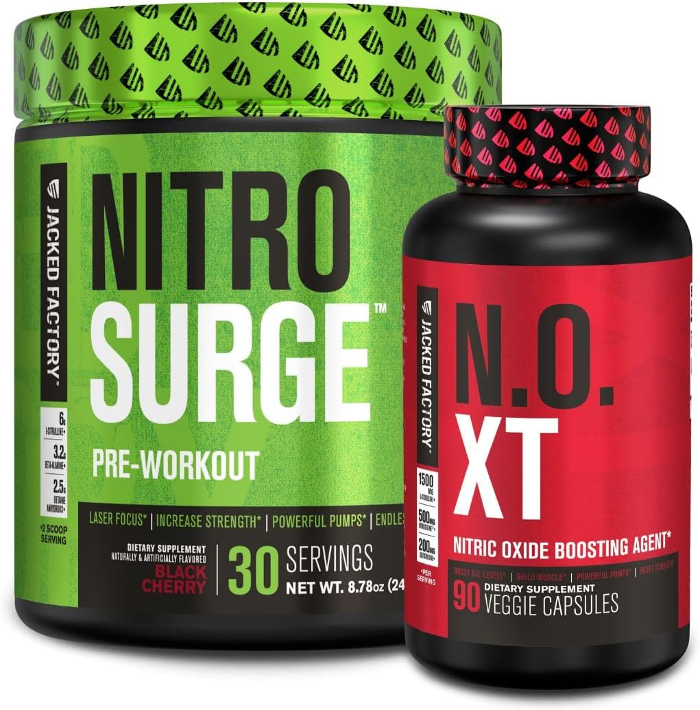 Jacked Factory Nitrosurge Pre-Workout In Black Cherry & N.O. Xt Nitric Oxide Booster For Men & Women