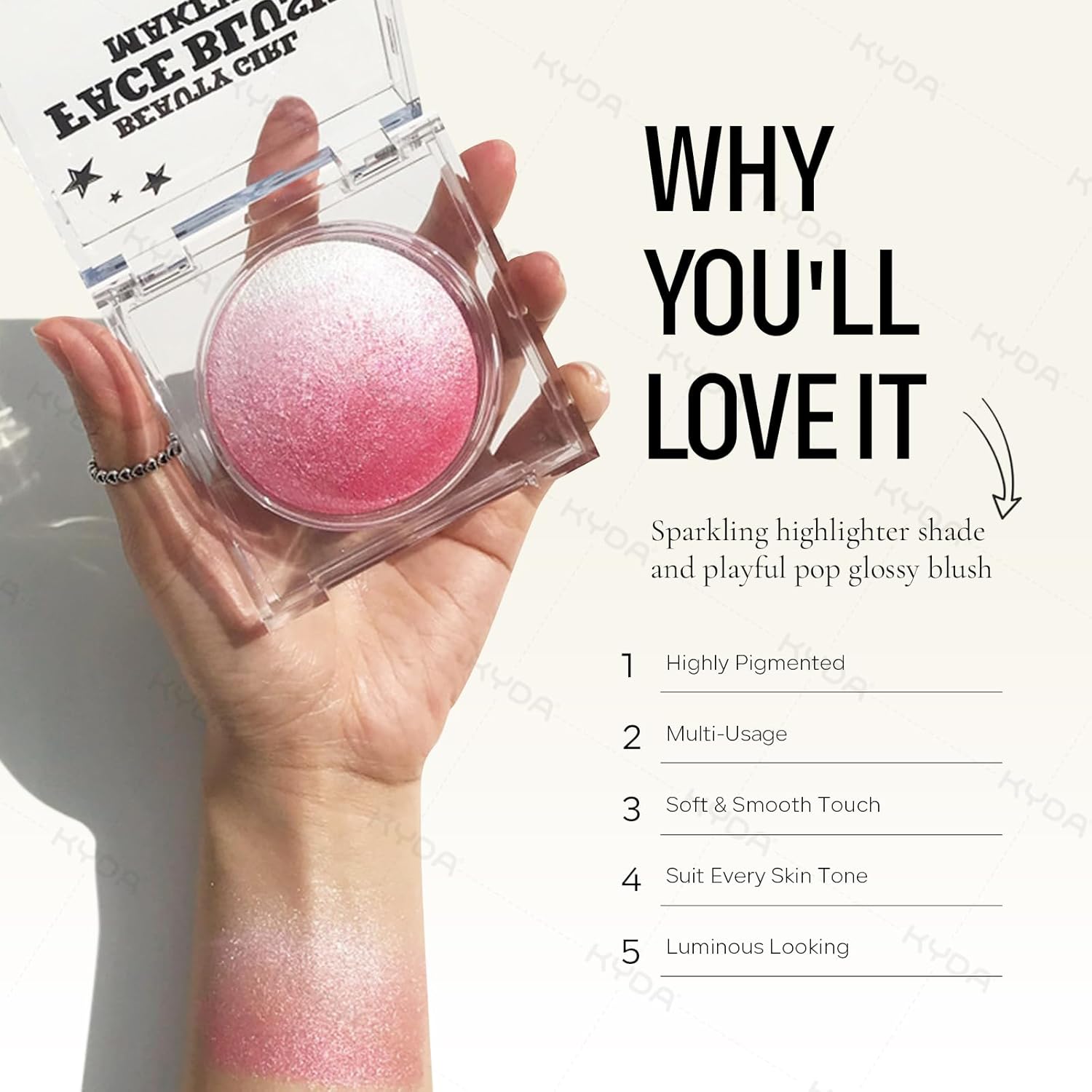Kyda Baked Blush, Coral Glow Powder For Blush And Highlighter, High Glossy Finish, Lightweight Blendable Shimmer Blusher, Multiuse Baked Powder, 0.53 Oz : Beauty & Personal Care