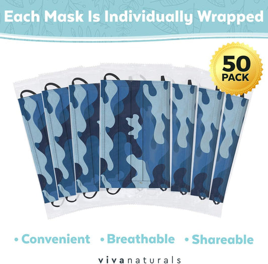 Kids Disposable Face Masks (50 Pack) - Non-Medical Kids Camo Masks Disposable Designed with Comfortable Earloops & Adjustable Metal Nose Strip, Premium 3-Ply Childrens Disposable Face Mask