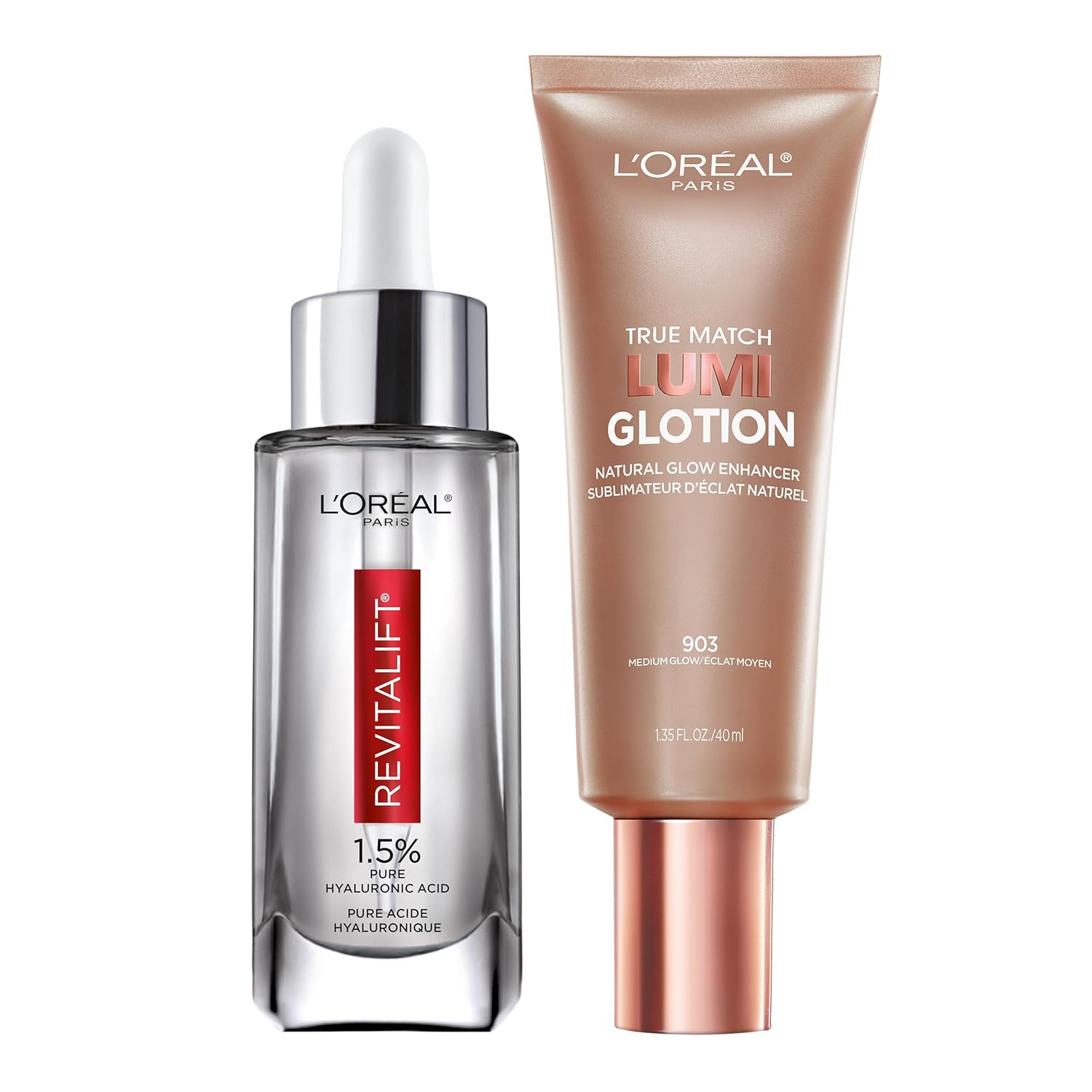 L'Oreal Paris Revitalift 1.5% Pure Hyaluronic Acid Face Serum 1.0 Oz + True Match Lumi Glotion Natural Glow Enhancer Lotion, Medium 1.35 Fl. Oz, 1 Kit