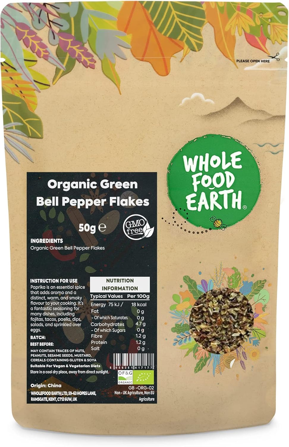 Wholefood Earth Organic Green Bell Pepper Flakes 50 G | Gmo Free | Certified Organic