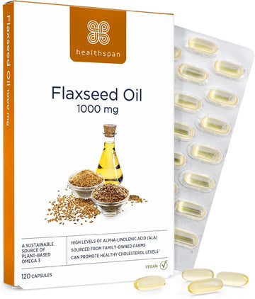 Healthspan Flaxseed Oil 1,000Mg | 120 Capsules | Omega 3 Fatty Acid Ala | Maintain Healthy Blood Cholesterol Levels | Women'S Health | Vegan