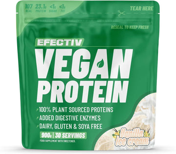Efectiv Vegan Protein Powder 900G - Vanilla Ice Cream 23G Protein - Dairy, Gluten & Soy Free - Low Sugar Plant Based Protein Powder With Added Digestive Enzymes & Recyclable Packaging (30 Servings)