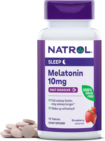 Natrol Sleep Melatonin 10mg Fast Dissolve Tablets, Nighttime Sleep Aid for Adults, 75 Strawberry-Flavored Melatonin Tablets, 75 Day Supply