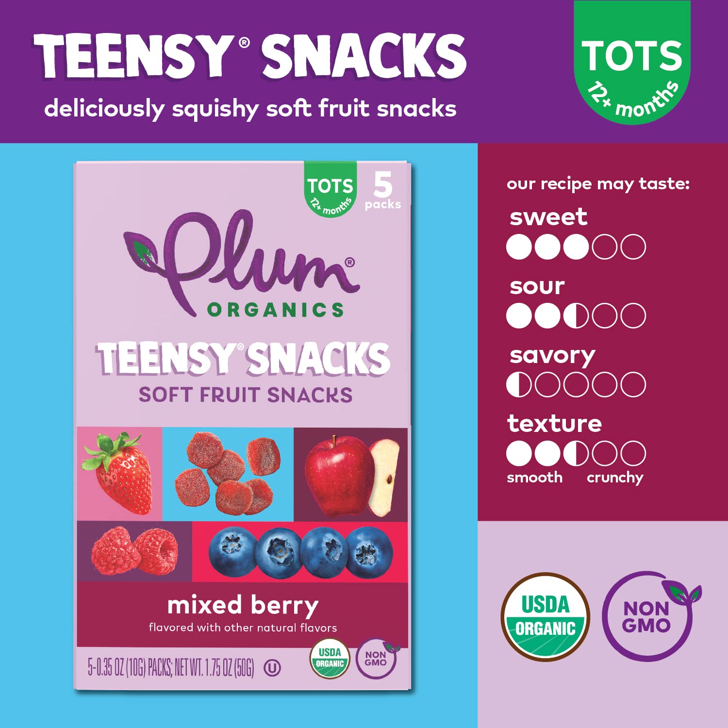 Plum Organics Teensy Snacks Soft Fruit Snacks - Mixed Berry - 0.35 oz Bags (Pack of 5) - Organic Toddler Food Fruit Snacks : Grocery & Gourmet Food