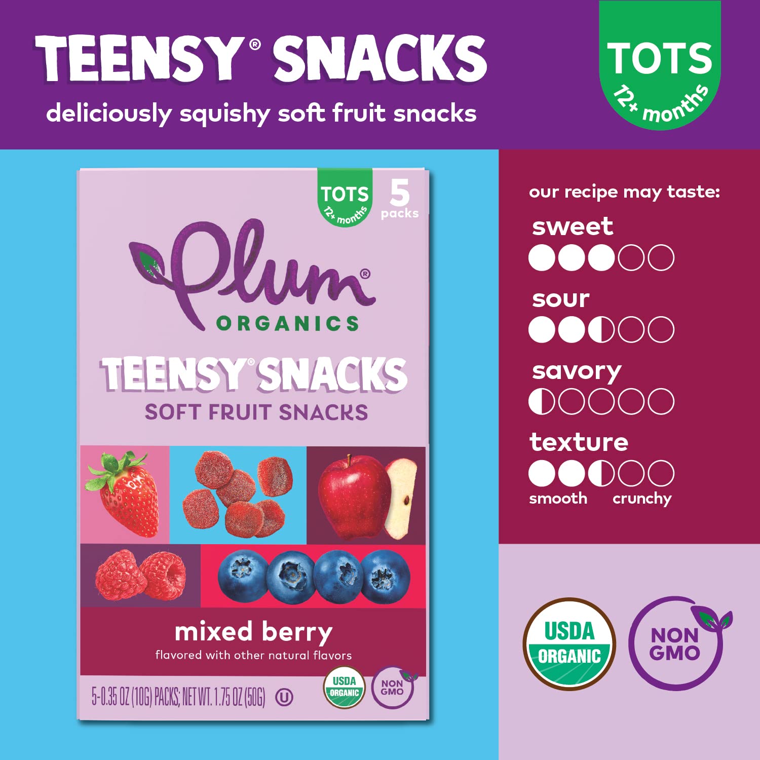 Plum Organics Teensy Snacks Soft Fruit Snacks - Mixed Berry - 5 Count (Pack of 8) - Organic Toddler Food Fruit Snacks