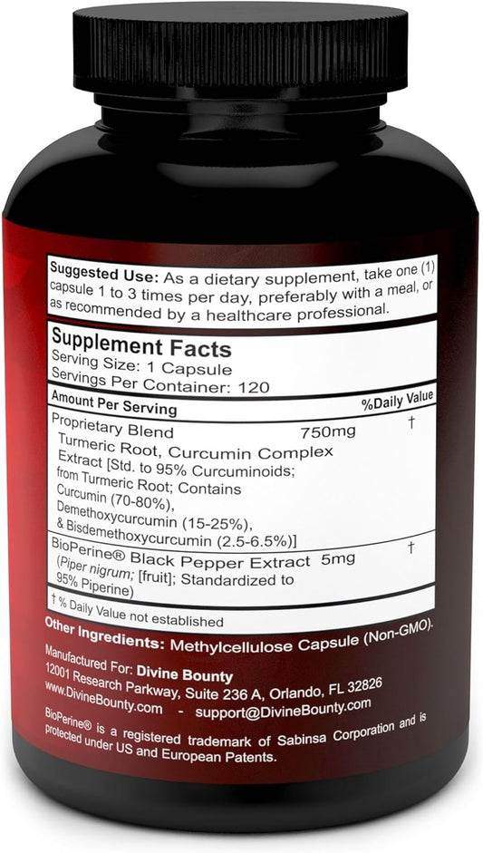 Turmeric Curcumin with BioPerine Black Pepper Extract - 755mg per Capsule, 120 Veg. Capsules - GMO Free Tumeric, Standardized to 95% Curcuminoids for Maximum Potency