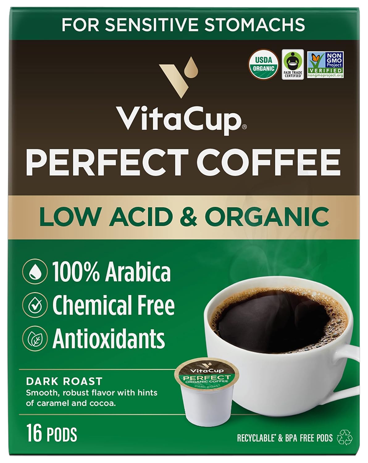 Vitacup Perfect Low Acid Coffee Pods, Usda Organic & Fair Trade, Mycotoxin Free, Dark Roast Guatemala Single Origin, Clean & Pure Recyclable Single Serve Pod Compatible W/Keurig K-Cup Brewers,16 Ct