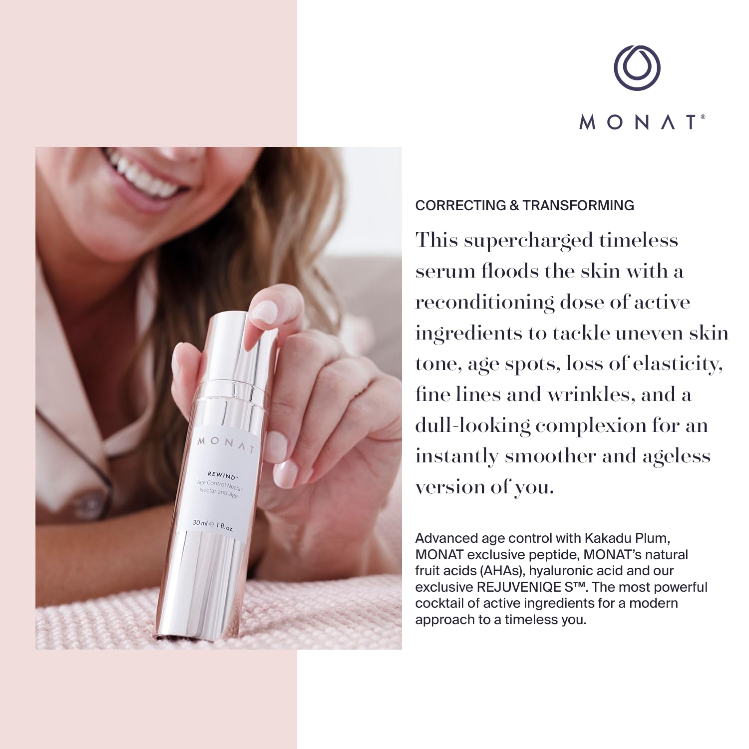 MONAT Rewind Age Control Nectar - Fast Absorbing Hydrating Serum. Skin Perfecting Natural AHA. Correcting & Transforming Face Serum, Anti Aging Face Cream w/Hyaluronic Acid - Net Wt 30 ml / 1 fl. oz. : Beauty & Personal Care