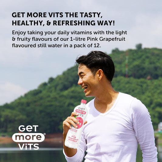 Get More Vits Flavoured Water - Vegan, Low Calorie, & Sugar Free Spring Water With Of Vitamin B12 - Pink Grapefruit Flavoured Adults & Kids Drinks - 1 Litre Spring Water Bottle Multipack, Pack Of 12