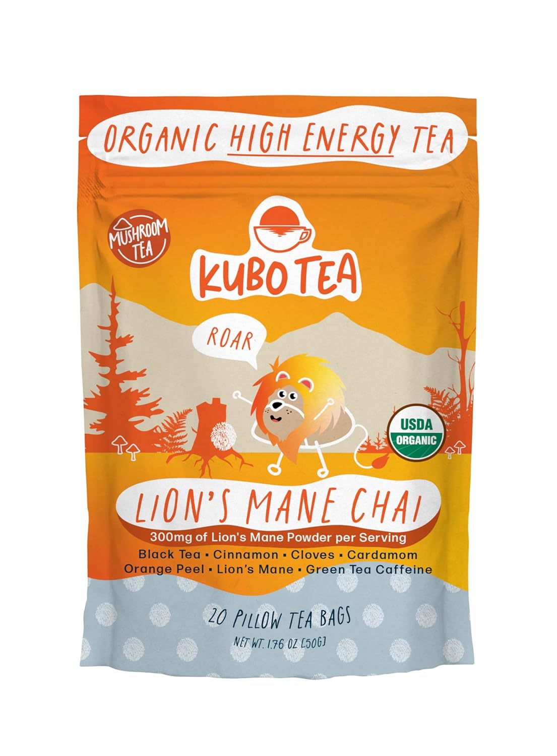 Kubo Tea, Lion'S Mane Black Tea, Organic High Caffeine Tea, 20 Servings (155Mg Caffeine Each), Pillow Tea Bags, Compostable Packaging, Healthy Coffee Substitute