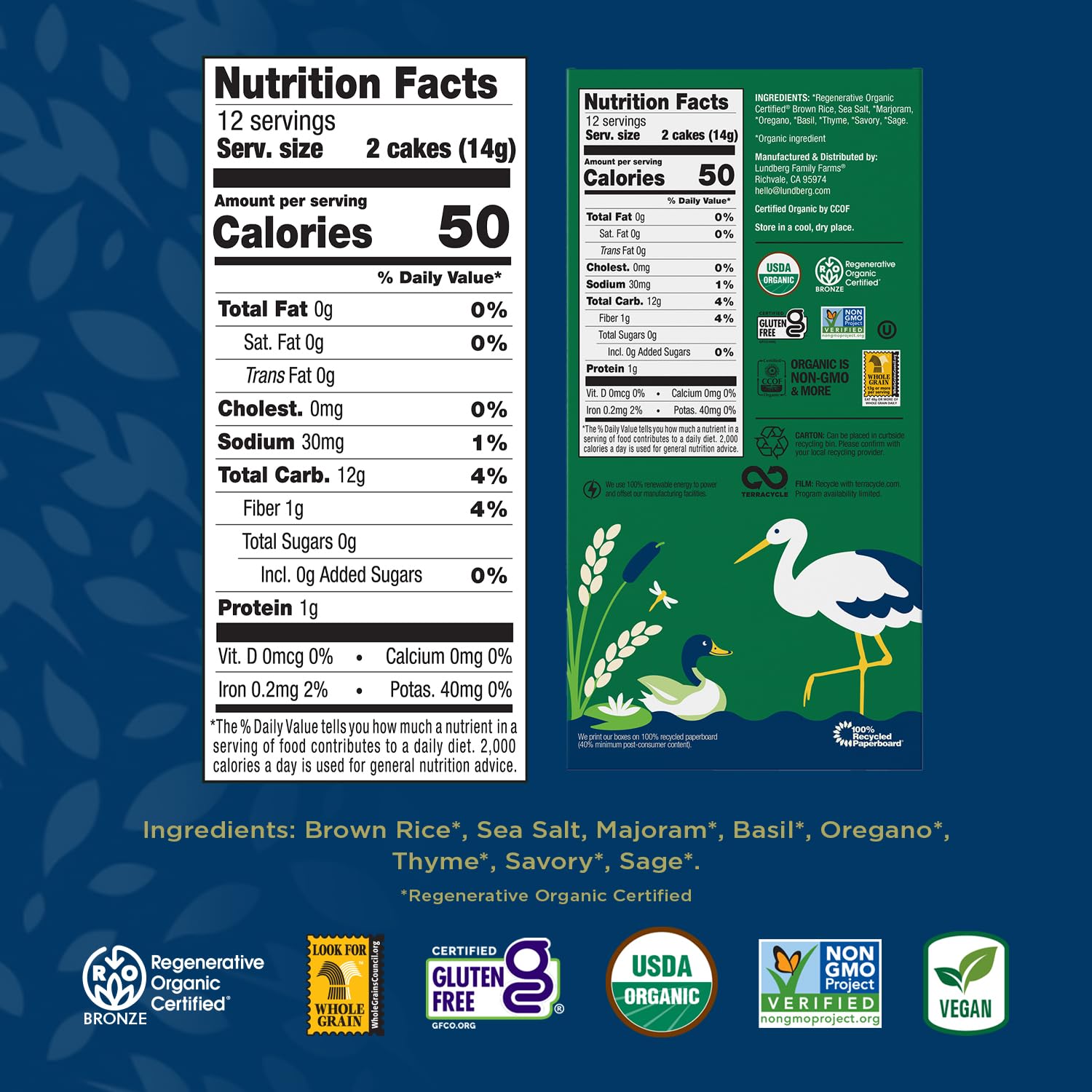 Lundberg Thin Brown Rice Cakes, Basil & Thyme, 6-Pack – Regenerative Organic Certified, Healthy Snacks, Vegan, 6 Oz Ea
