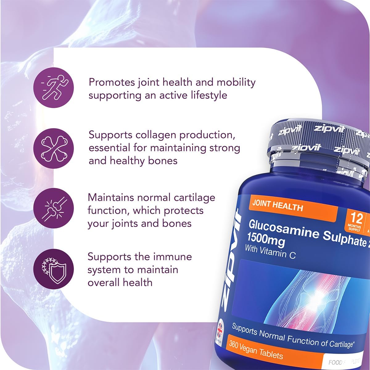 Zipvit High Strength Glucosamine Sulphate 2KCl 1500mg with Vitamin C, 12 Month Supply, Supports Bones and Cartilage Function, 360 Vegan Tablets, Joint Care Supplement for Men & Women : Amazon.co.uk: Health & Personal Care