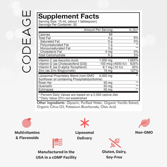 Codeage Liquid Vitamin C 1000mg, Vitamins D3, E & Zinc, Rose HIPS, Quercetin, Echinacea, Vegan Liposomal Vitamin C Supplement, Non-GMO, 16 fl oz