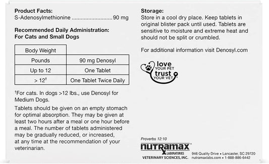 Nutramax Denosyl Liver And Brain Health Supplement For Small Dogs And Cats, With S-Adenosylmethionine (Same), 30 Tablets