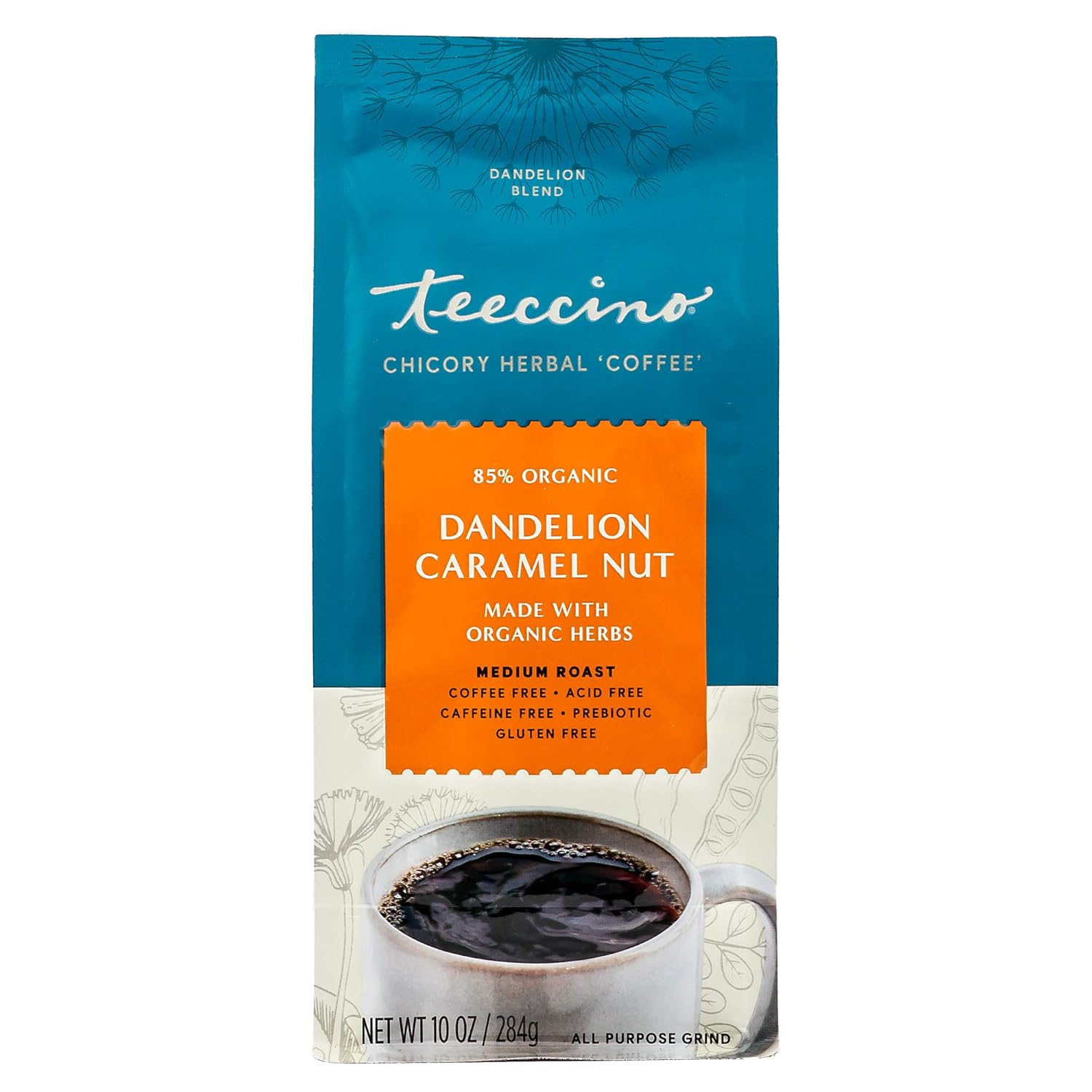 Teeccino Dandelion Caramel Nut Herbal Coffee - Caffeine-Free Coffee Alternative With Prebiotics, Gluten Free, Acid Free - Medium Roast, 10 Oz