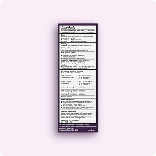 Allegra Children'S 12-Hour Allergy Relief Liquid, Non-Drowsy Indoor And Outdoor Allergy Medicine, 30 Mg Fexofenadine Hci Antihistamine For Kids, Grape Flavor, 4 Oz